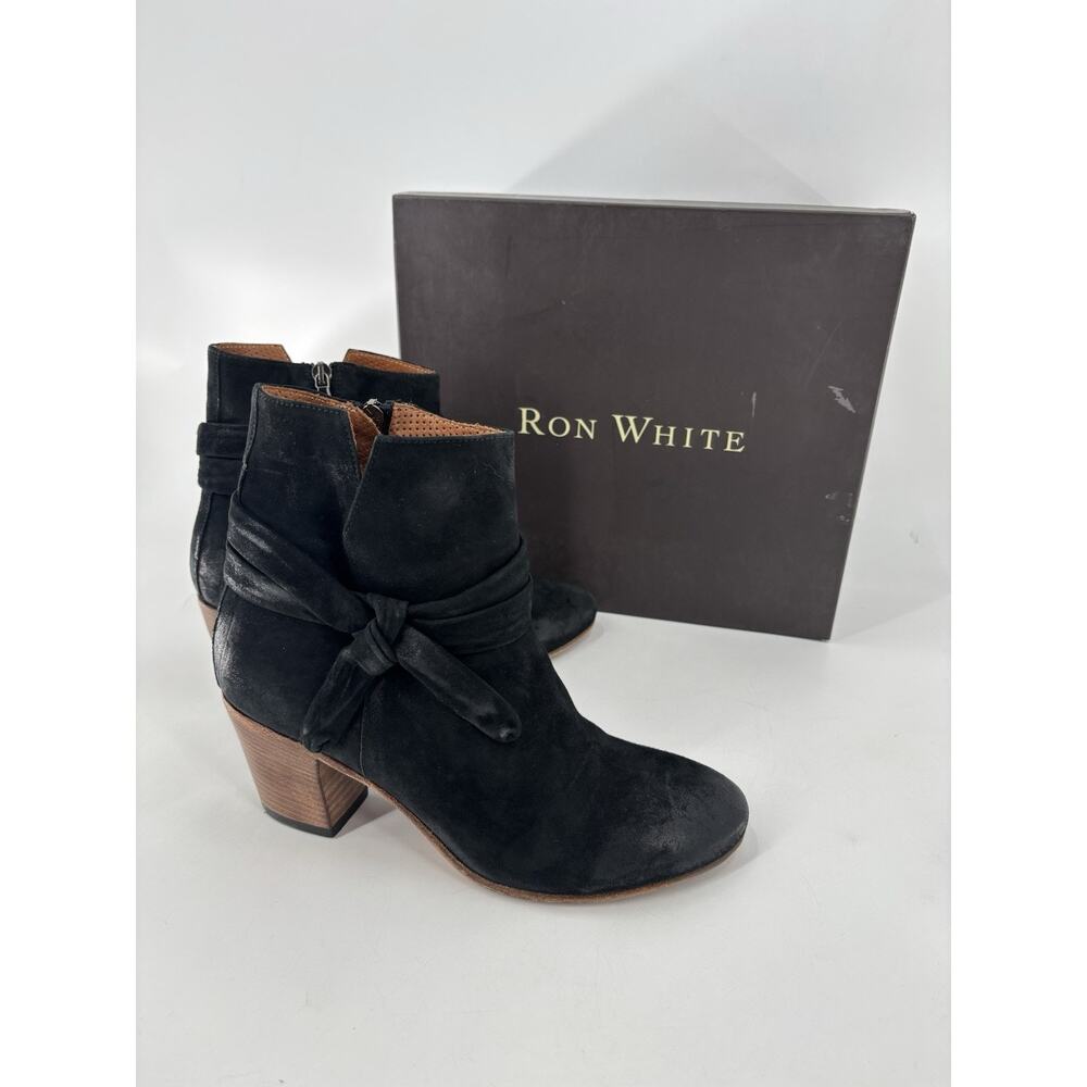Ron White Gia Booties Womens 39 Black Suede Bow Knot Zip Up Heeled $525 MSRP